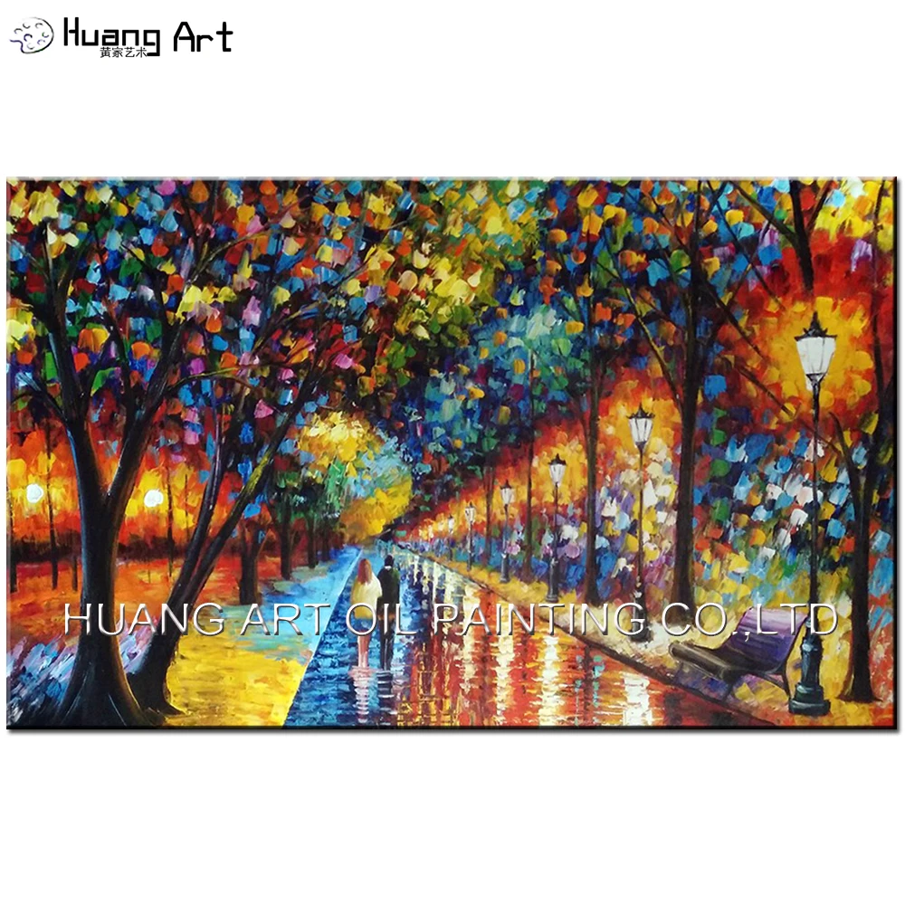 

100%Handmade Modern Palette Knife Park Street Oil Painting On Canvas Art Pictures For Room Decor Wall Paintings No Frame 60x90cm