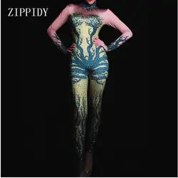 Fashion Shining Long Sleeves Rhinestones Elastic Jumpsuit Women's Bodysuit Skinny Leggings Nightclub Female Costume Outfit