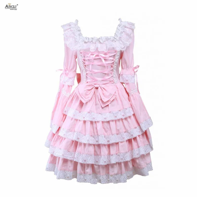 

Ainclu Cosplay Costume Dress Cotton Pink Lace Sleeves Bow Sweet Cute Lolita Dress S-XXL Hot Selling Casual/Birthday/Party