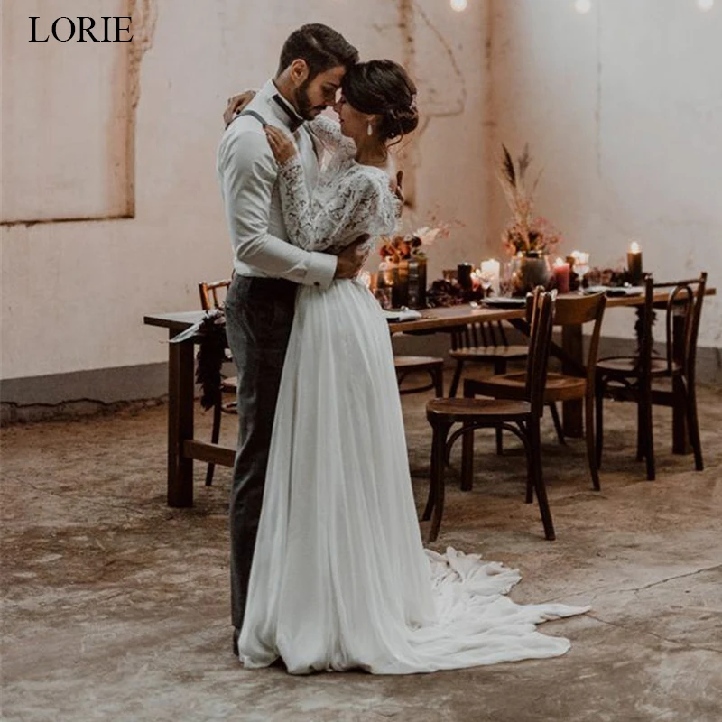 LORIE-vestido de novia de dos piezas, top de encaje y gasa, vestido de novia bohemio sin espalda, manga larga, corte en A, vestidos de novia de playa personalizados