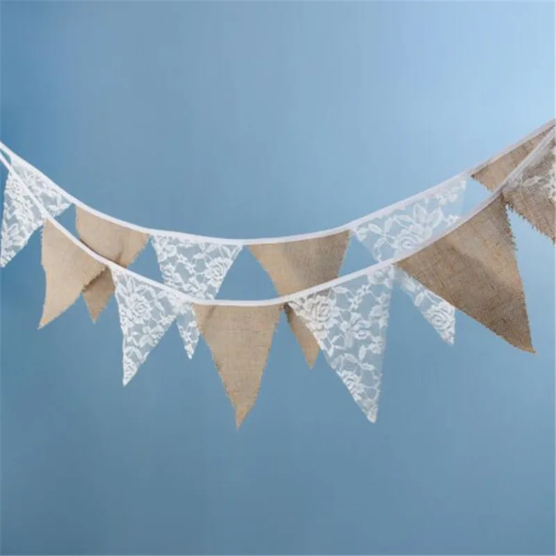 11pcs Rustic Linen Pennant Banner Hessian Bunting Mix White Floral Lace Flags for Wedding Birthday Party Outdoor Home Decoration