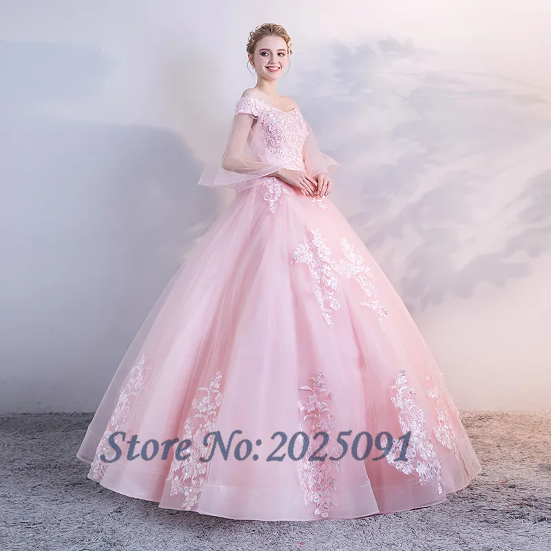 핑크 Quinceanera 드레스 공 Gonw 긴 댄스 파티 드레스 얇은 명주 그물 레이스 Appliques 가장 무도회 달콤한 16 드레스 Vestidos 드 15 Anos