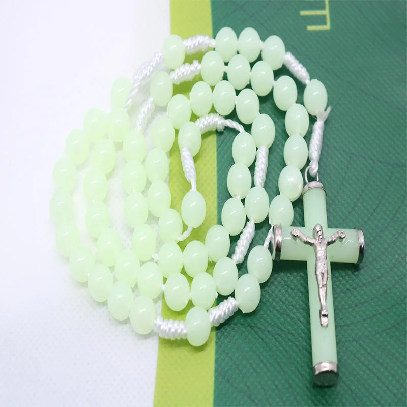 Classic 8mm braided rope rosary luminous necklace, Catholic holy cross prayer necklace, fashion woven rose necklace
