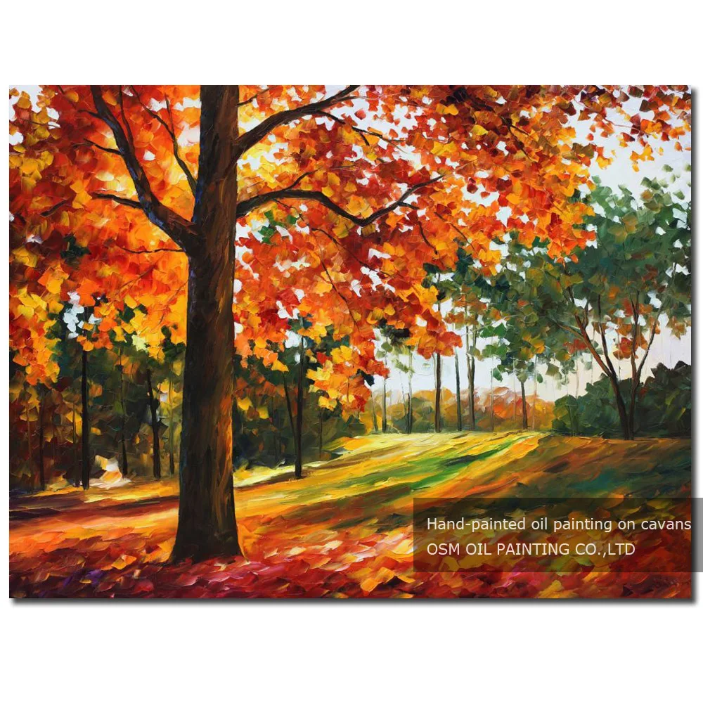 Fresh Colors Hand-painted Modern Abstract Autumn Tree Leaves Oil Painting on Canvas Beautiful Orange Colourful Fall Oil Painting