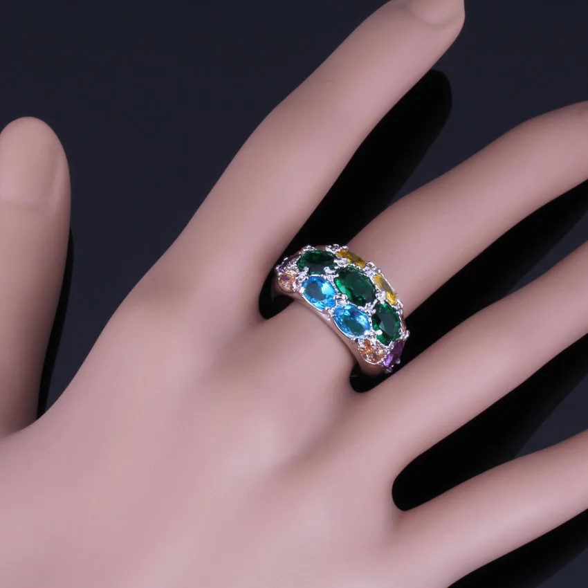 Incredible Oval Multigem Multicolor Green Cubic Zirconia Silver Plated Ring V0586