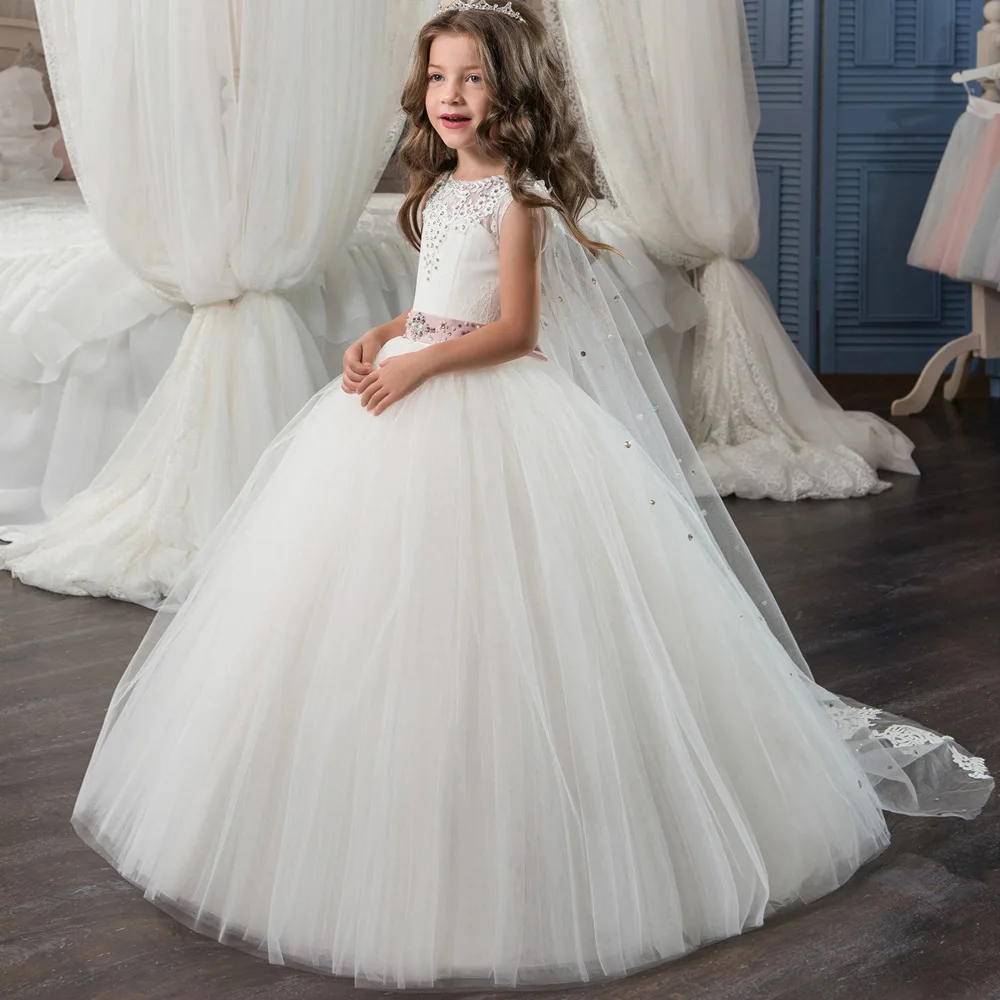 Robe de Rhde première communion de luxe pour enfants, robe de princesse pour filles, robes de demoiselle d'honneur sur mesure, ceinture, châle en organza