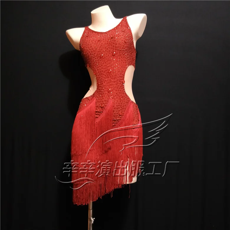 

Women New Latin Dance Costume Red Shiny Rhinestones Tassel Dress High-end Competition Dress Dance Team Performance Stage Wear