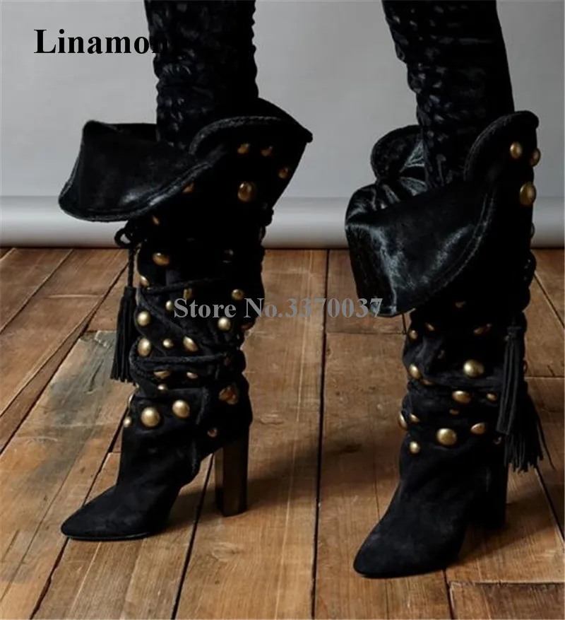 Winter New Fashion Women Pointed Toe Gold Metal Button Rivet Chunk Heel Knee High Boots Lace-up Black Suede Thick High Heel Boot