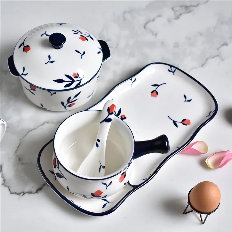 EECAMAIL Peach Blossom Ceramic Creative Breakfast Bowl Dessert Tableware Afternoon Tea Tray Two Sets Food Couple Tableware