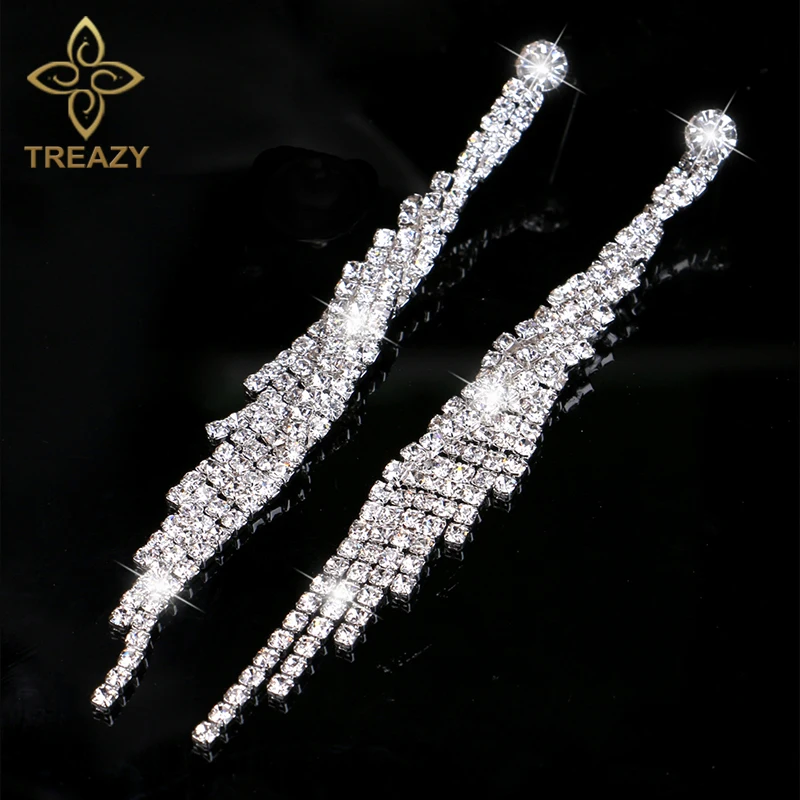 TREAZY Crystal Bridal Tassel Long Earrings Sparkly Silver Color Rhinestone Dangle Earrings For Women Wedding Prom Jewelry