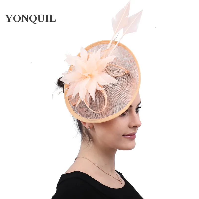 Classic Champagne Sinamay Fascinator Feather Flower Millinery Hats Women Elegant Bridal Headwear Ladies Event Hair Accessories