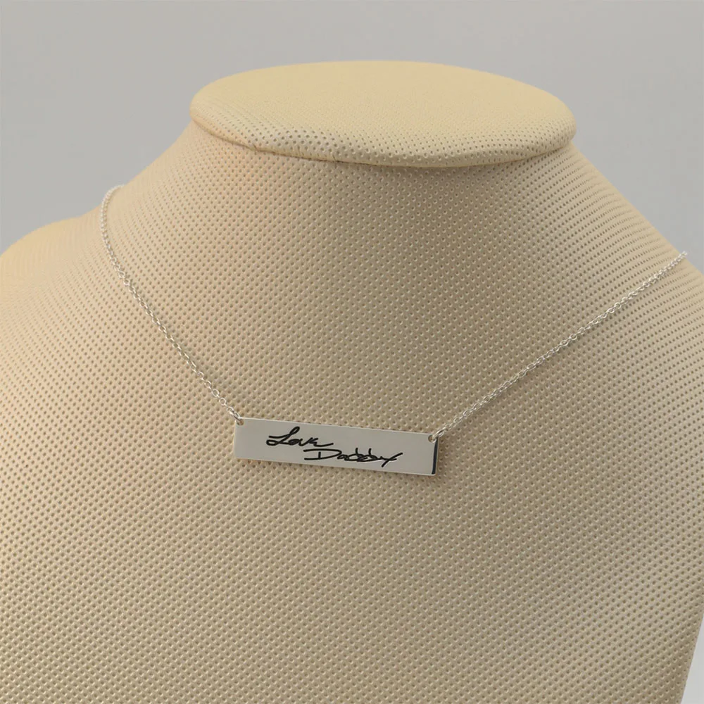 

925 Solid Silver Engraved Bar Custom Signature Pendent Personalized Hand Written Bar Jewelry Christmas Gift