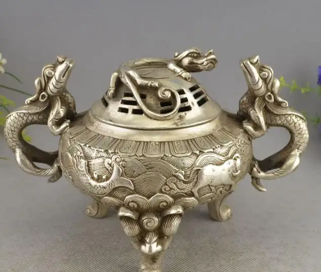 

Antique Old MingDynasty silver dragon censer,Decoration,hand-carved crafts,best collection&adornment,free shipping