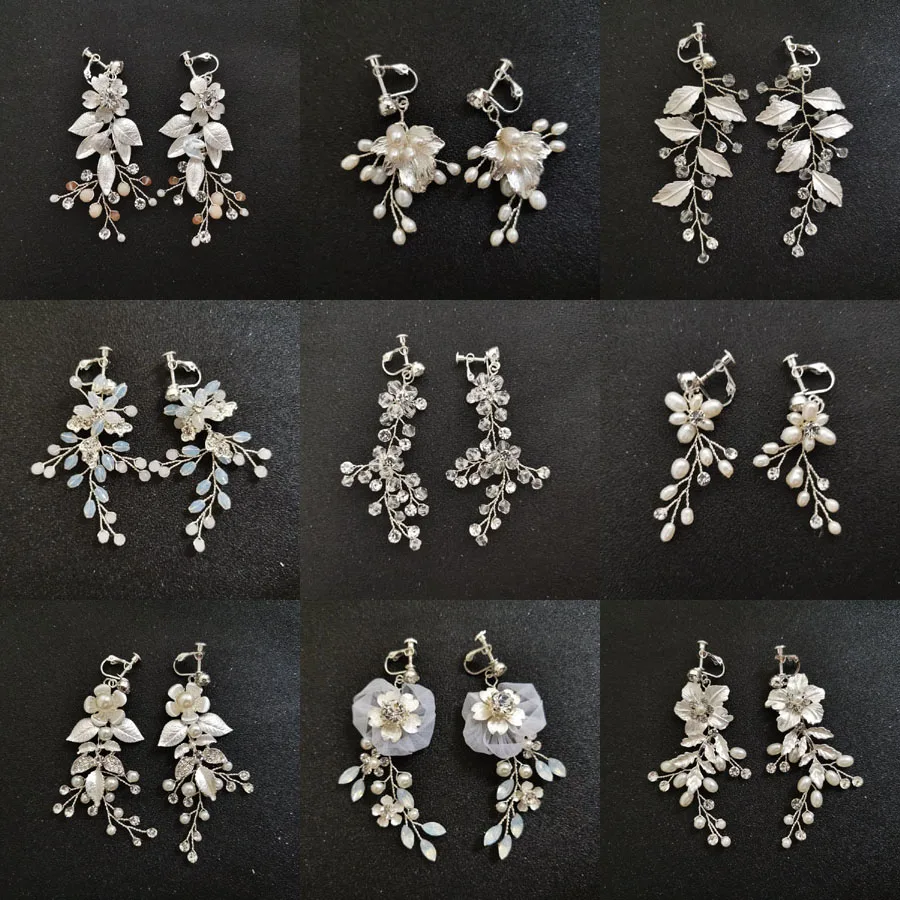 Slbridal artesanal strass cristais pérolas clipe on/ear pino casamento balançar brincos lustre de noiva jóias femininas