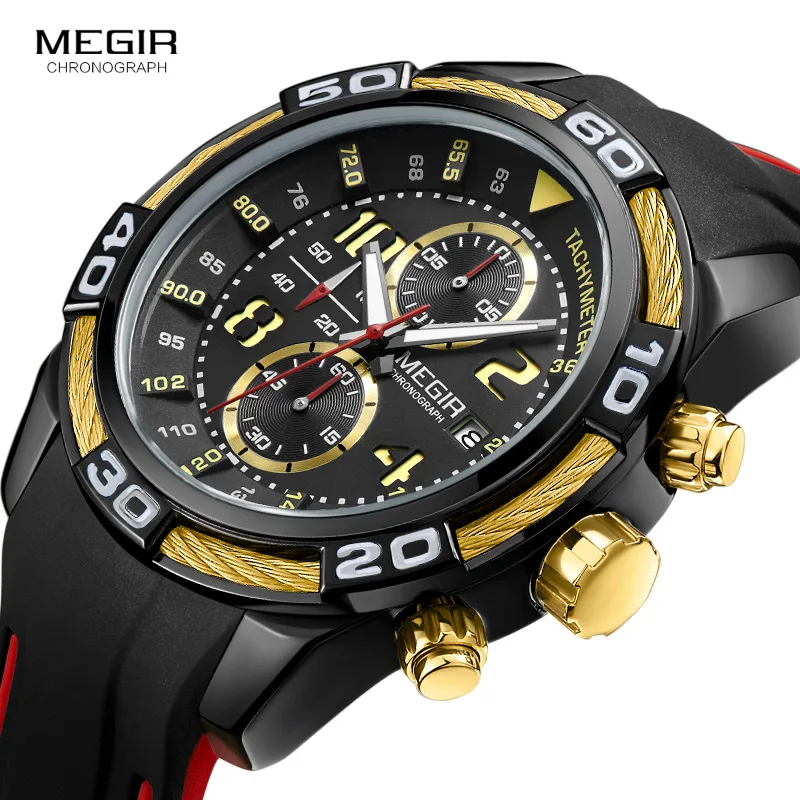 Megir Men\'s Sports Chronograph Quartz Wrist Watches Waterproof Silicone Army Racing Luminous Clock Relojios Masculinos 2045-1N3