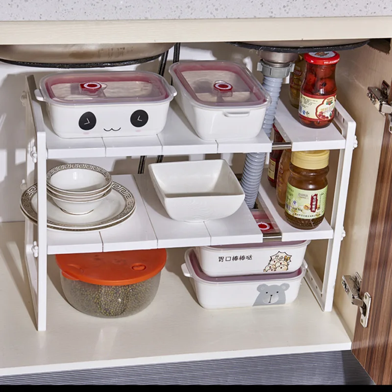 

Flat Sink Under Storage Rack Kitchen Retractable Shelf Storage Rack Storage Shelf 2 Layer Pan Holder plastic and steel tube