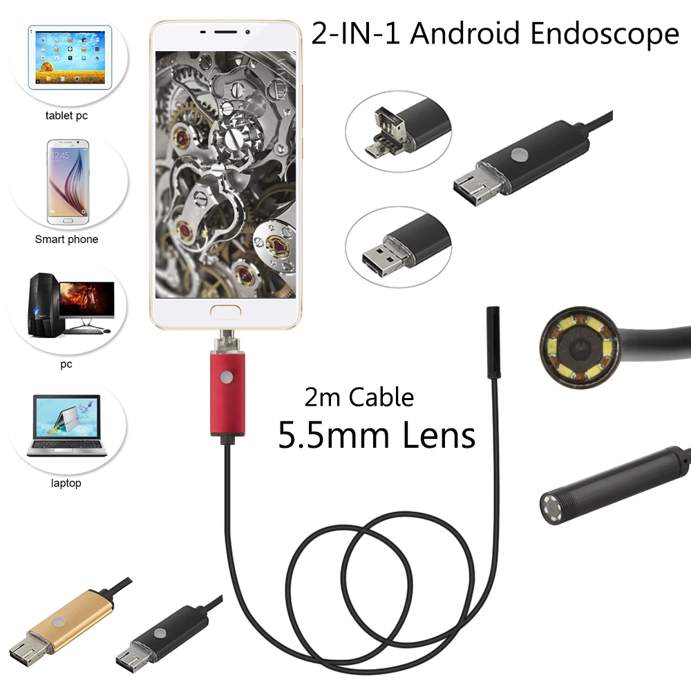 Di alta qualità 5.5 MILLIMETRI USB endoscopio Android macchina fotografica 1/2/5/10m flessibile del serpente del tubo di rilevamento smartPhone OTG