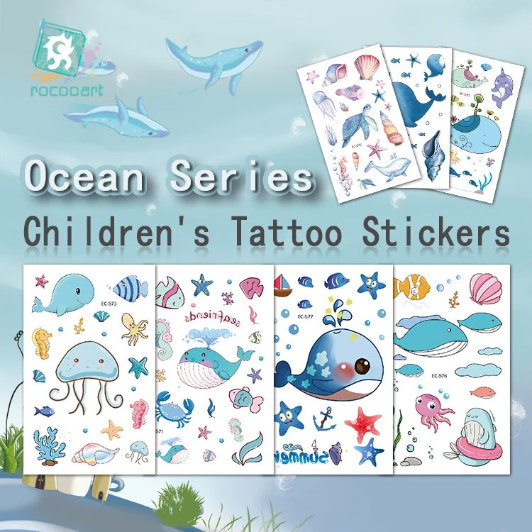 1pcs Cartoon Blue Ocean Series Temporary Tattoo with Whales Jellyfish for Kids Children Fake Body Waterproof Tattoo Sticker