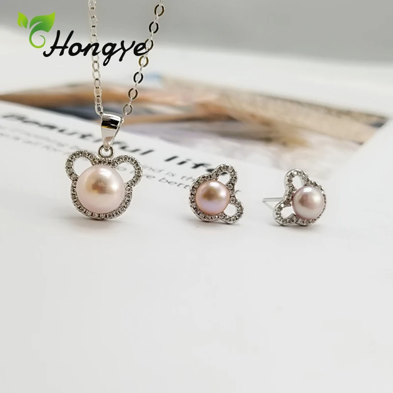 

Hongye Female Natural Freshwater Pearl Jewelry Set Lovely Animal Pendant Necklace Stud Earrings 925 Sterling Silver Fine Jewelry