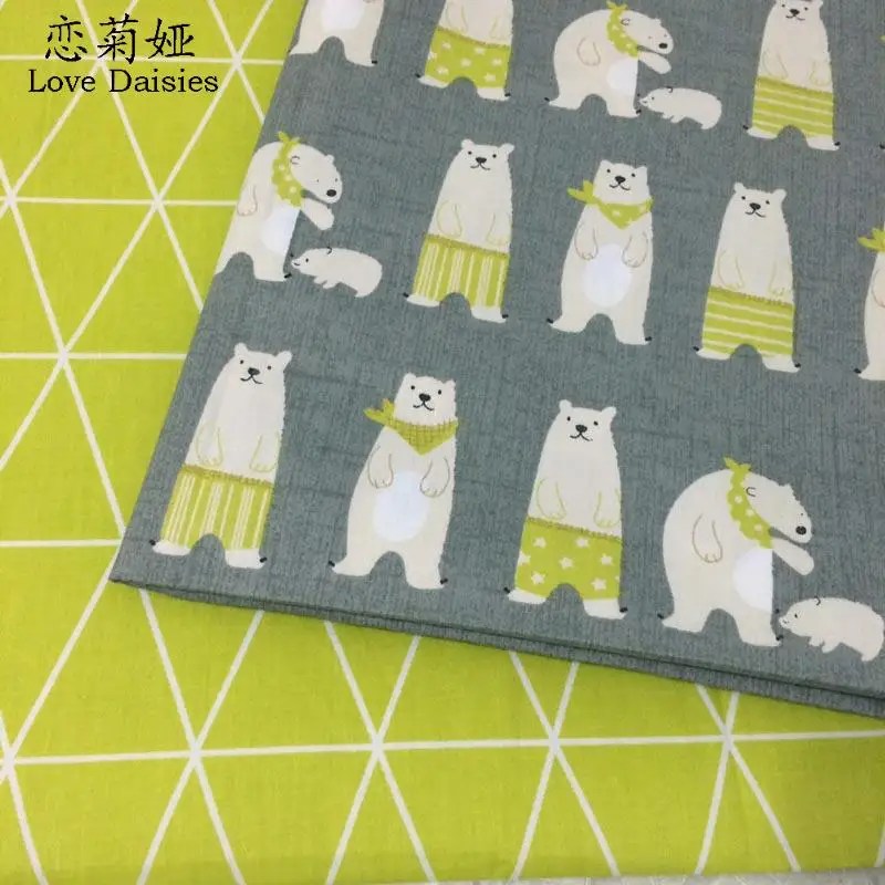 100% Cotton twill cartoon gray bear  yellow-green geometric rhombus for DIY kids bedding sheet cushions handwork fabrics sewing