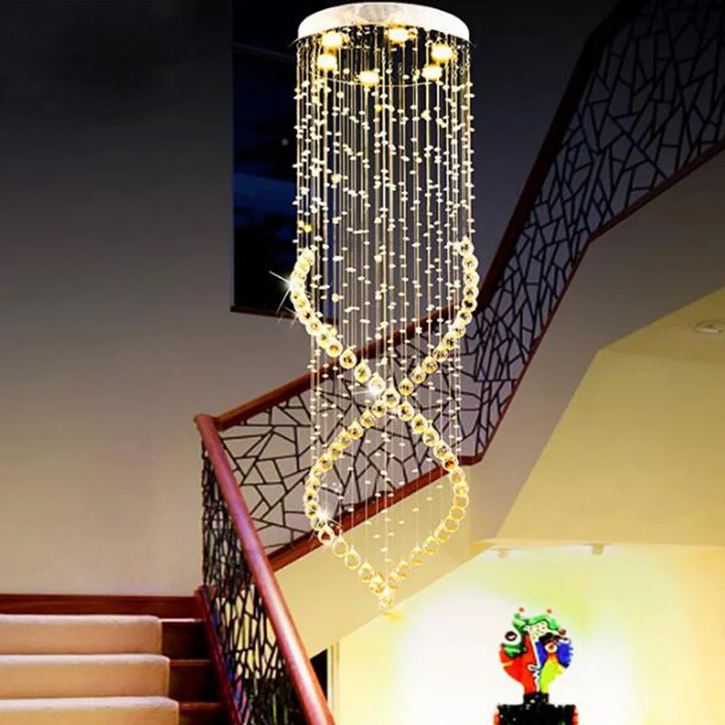 Lampu gantung kristal Modern, lampu kristal LED tangga dupleks untuk langit-langit Villa lorong Droplight