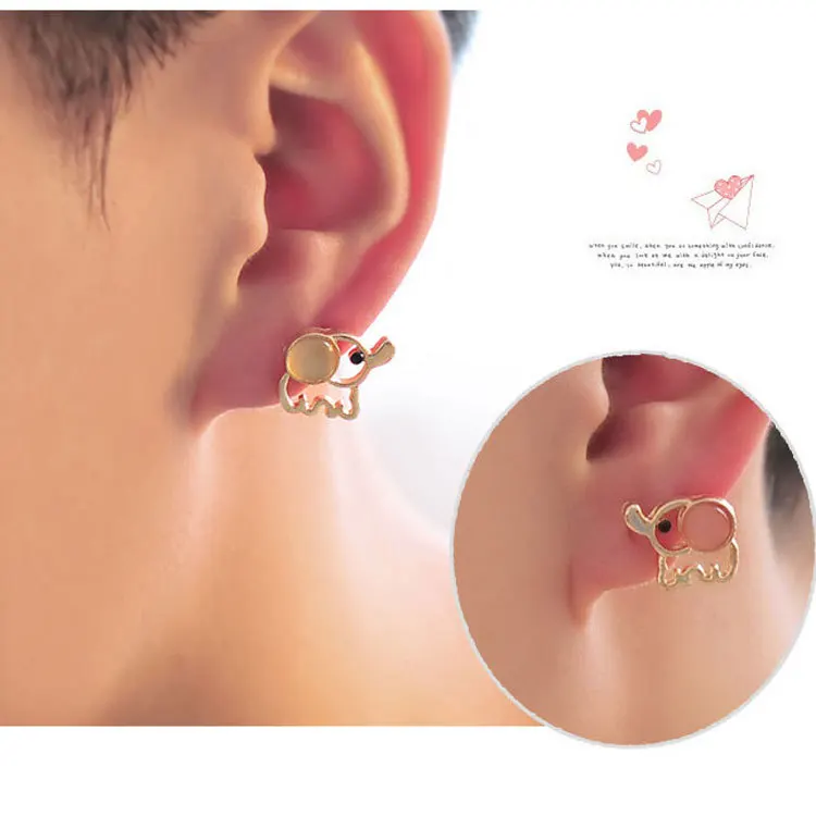 Women Gold Color Cute Elephant Stud Earrings White Pink Rhinestone Cat Eye Stone Opal Stud Earring Ear Party Animals Jewelry