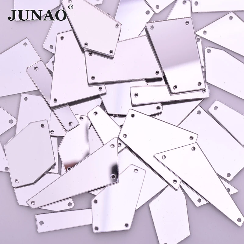 JUNAO 20pc Mix Size Sew On Gold Mirror Rhinestone Applique Flat Back Acrylic Gems Sewing Strass Crystal Stone for Dress Crafts