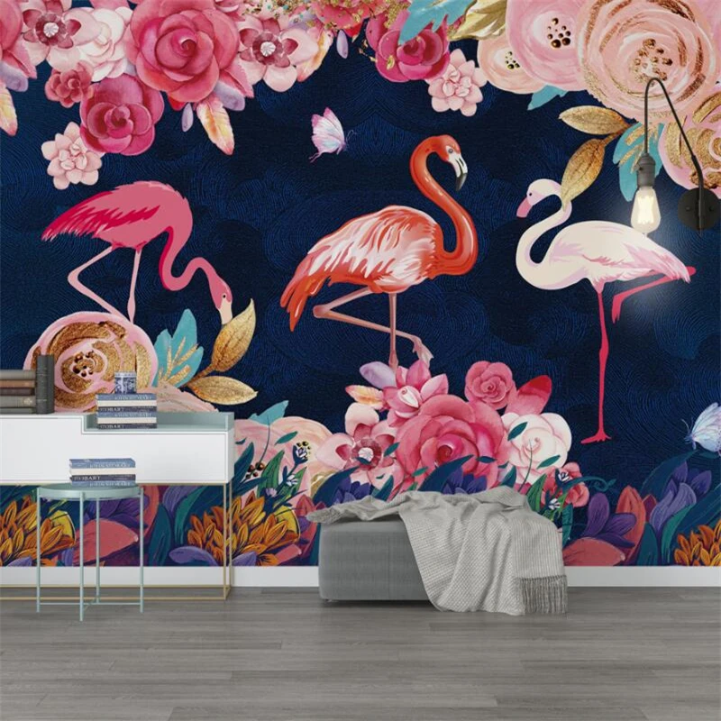 

wellyu Custom wallpaper papier peint mural 3d Hand painted plant flower flamingo background wall paper mural papel tapiz