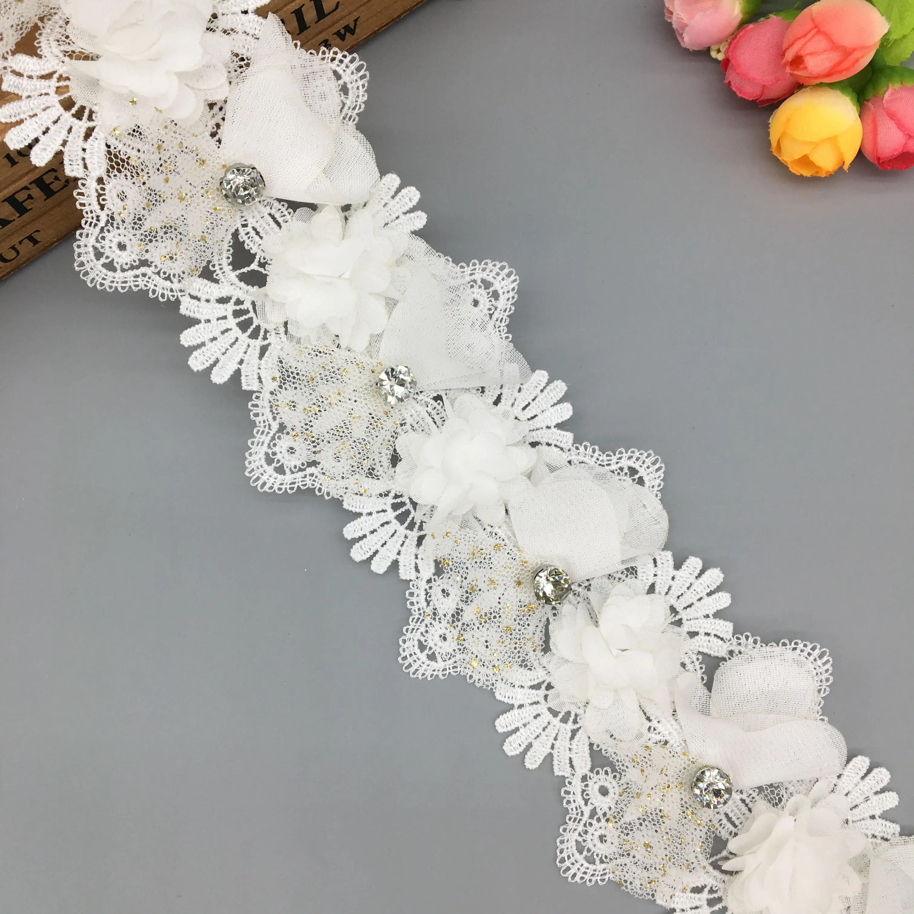 

1 Yard French Lace for Dress Fabric Beaded Diamond Rhinestones Lace Trim Ribbon Embroidered Applique Craft Vintage Wedding 7CM