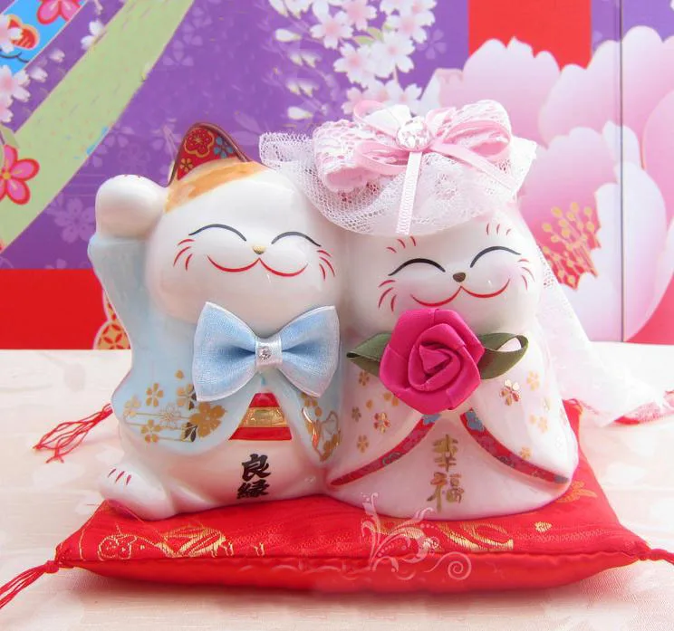 Ceramic Lucky Cat Dual Couple Piggy Bank Maneki Neko Wedding Gift Valentine Decoration