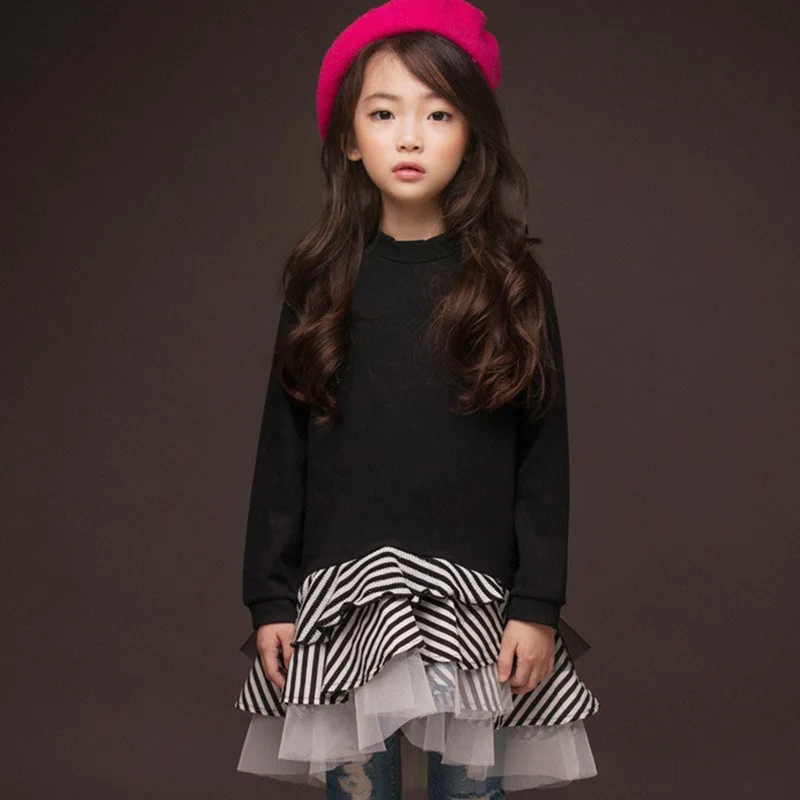 New 2024 Spring Autumn Baby Teen Girls Dress Long Sleeved Children's Stripe Dress Cotton Ruffles Patchwork Kids Fashion Dresses