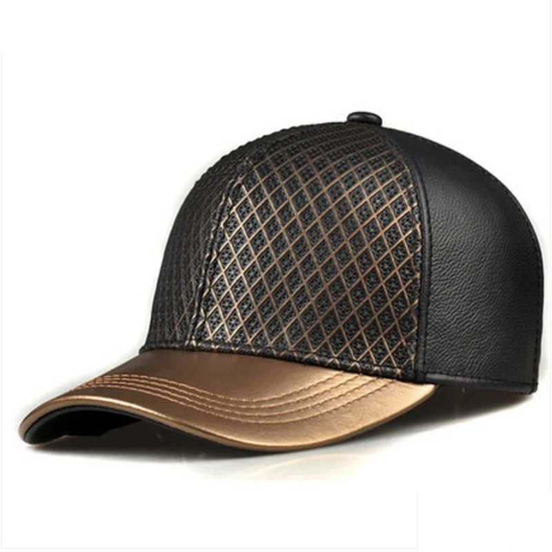 RY988 Exclusive 2023 Unisex Hip Hop Genuine Leather Baseball Hats For Man/Woman Golden Caps Grid Net Surface Street Luxury Gorro