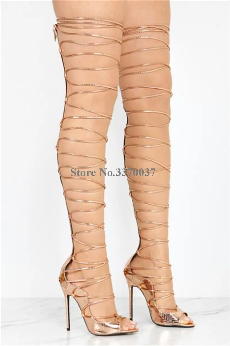 2018 New Fashion Women Open Toe Gold Black Lace-up Over Knee Gladiator Boots Straps Design Thigh High Long High Heel Sandal Boot