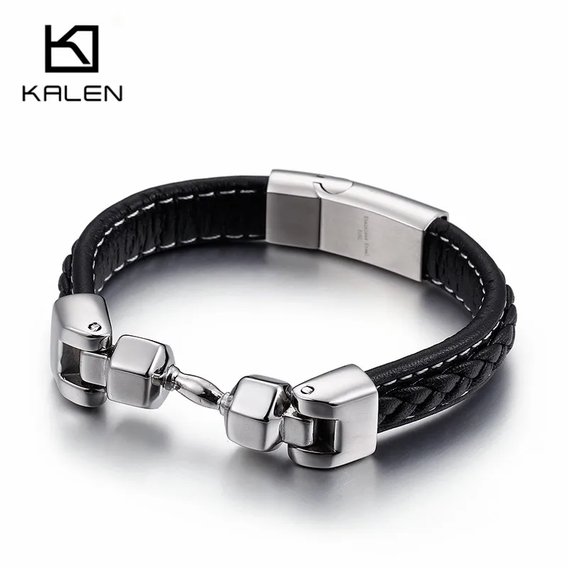 KALEN Vintage Black Leather Bracelets For Men Stainless Steel Dumbbell Charm Wrap Bracelet Cheap Homme Retro Jewelry 2018