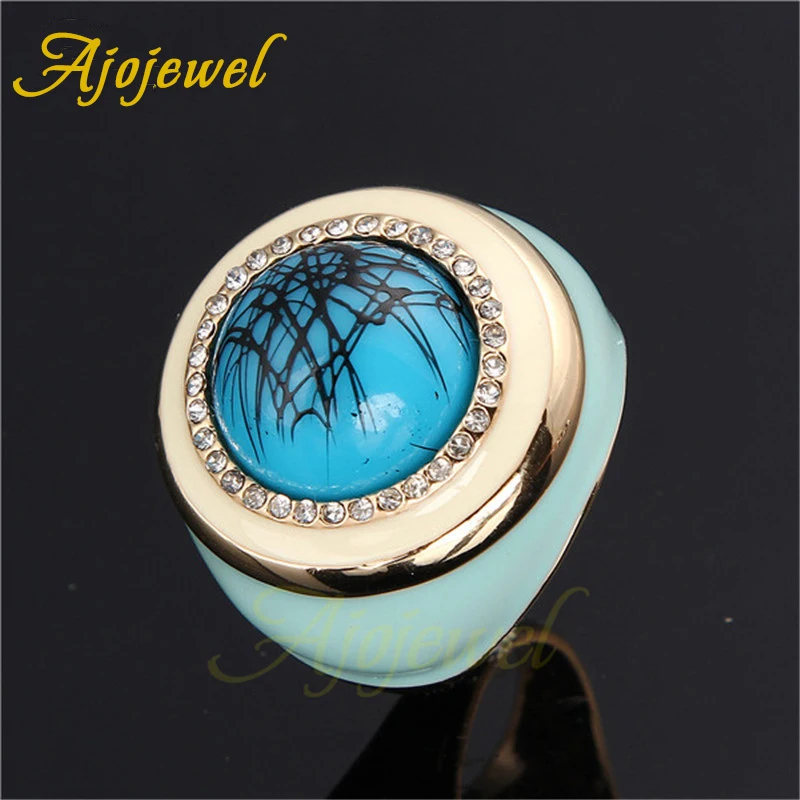 Ajojewel Large Blue Natural Stone Ring With Rhinestones Luxury Womens Fashion Finger Jewelry Fine Gifts