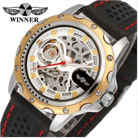 Fashion Winner Top Brand Black Silicon Band Automatic Mechanical Skeleton Watch Men Gear Reloj Army Hombre Horloge Horloge