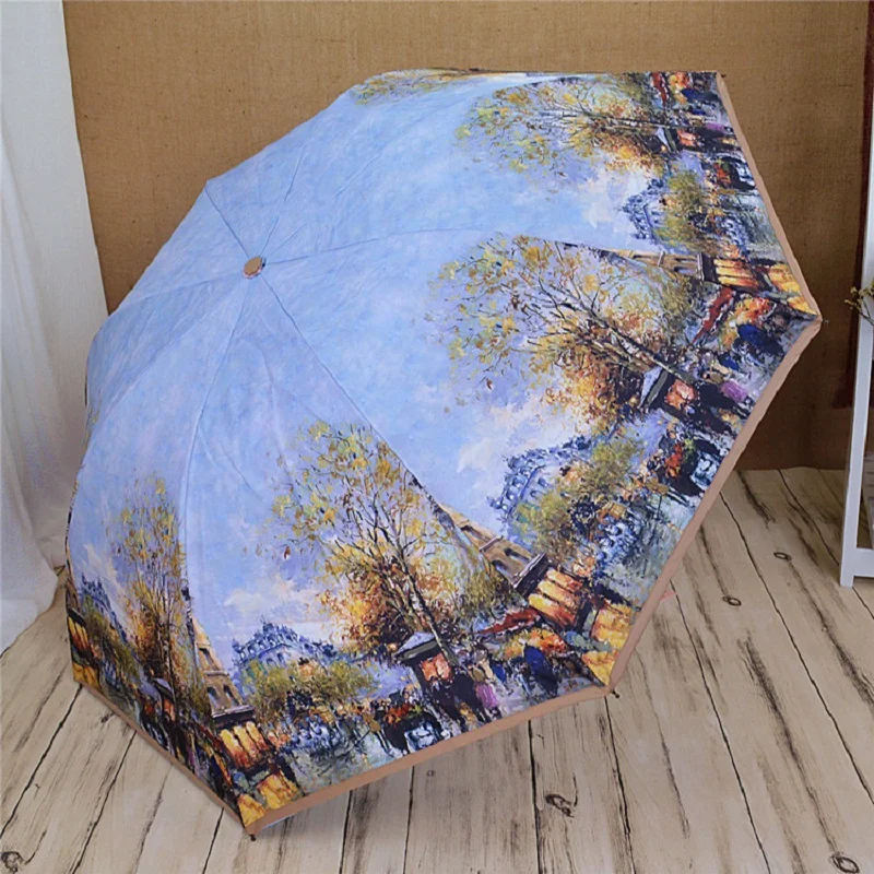 Famous painting Double thick silver coating anti uv umbrella for men blue sky and white clouds inside women rain umbrella