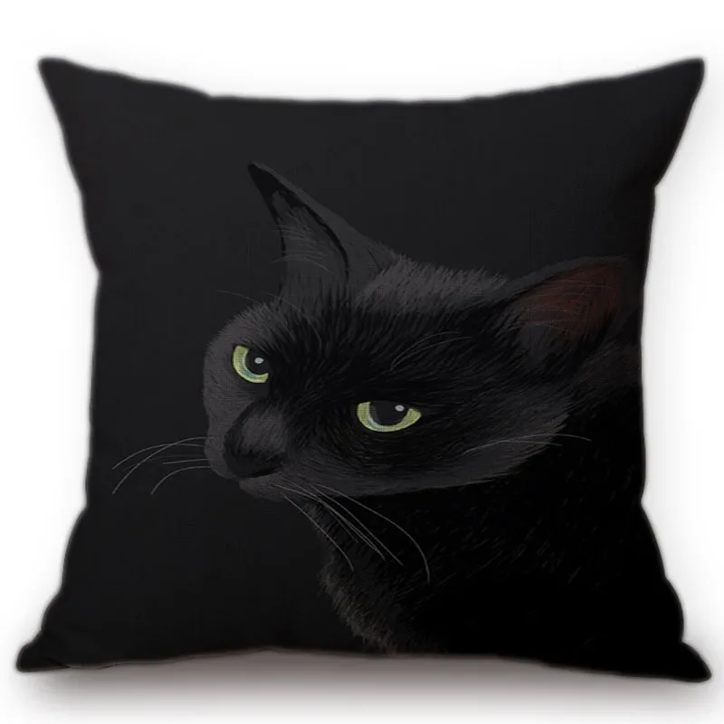 Funda de cojín de algodón y lino con diseño de gato negro, cubierta de almohada cuadrada de 45x45CM para decoración de hogar, oficina, sofá y coche