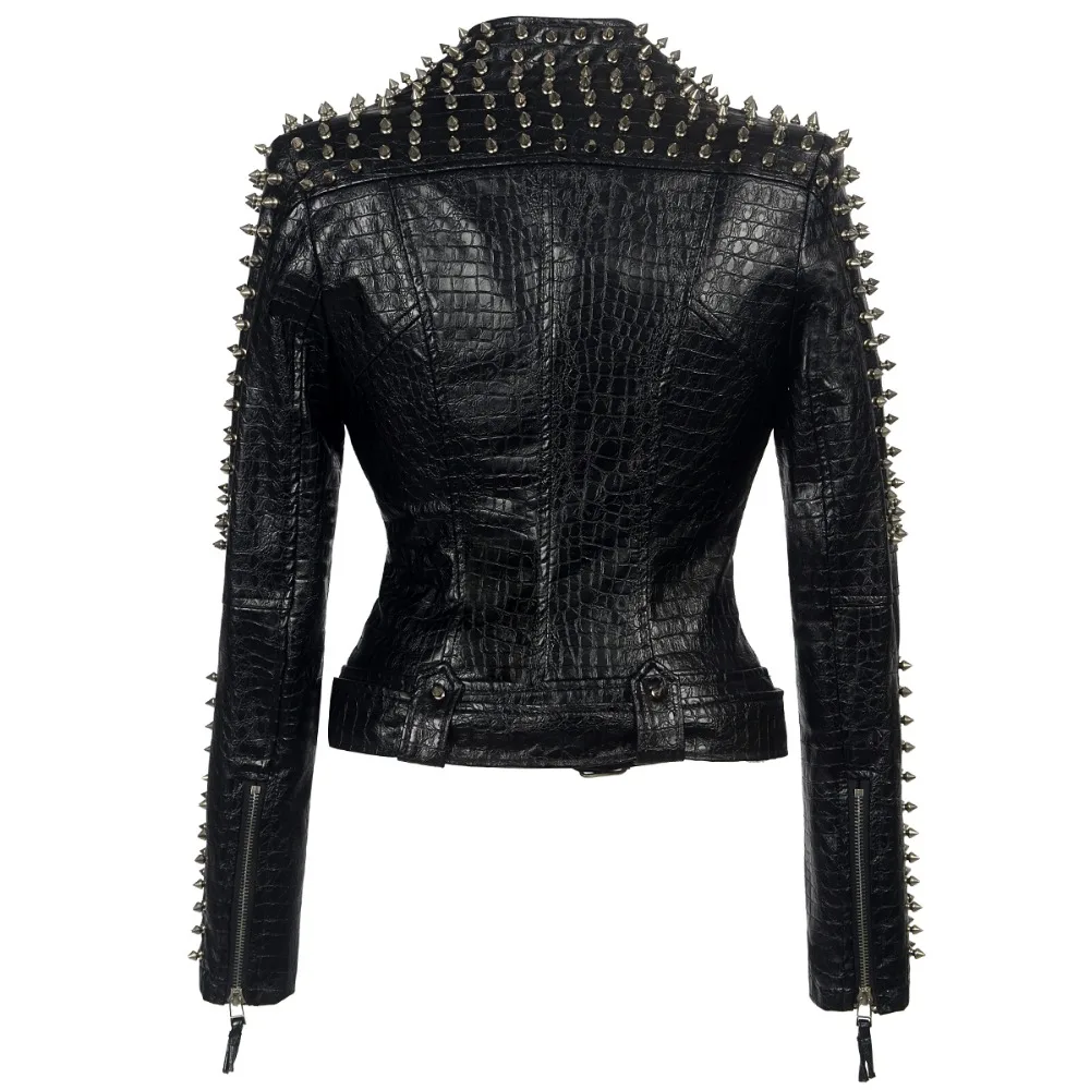 SX Occident Fashion women Club hot style Stud slim fit jacket shoulder rivets zip stitching short PU leather rock coat