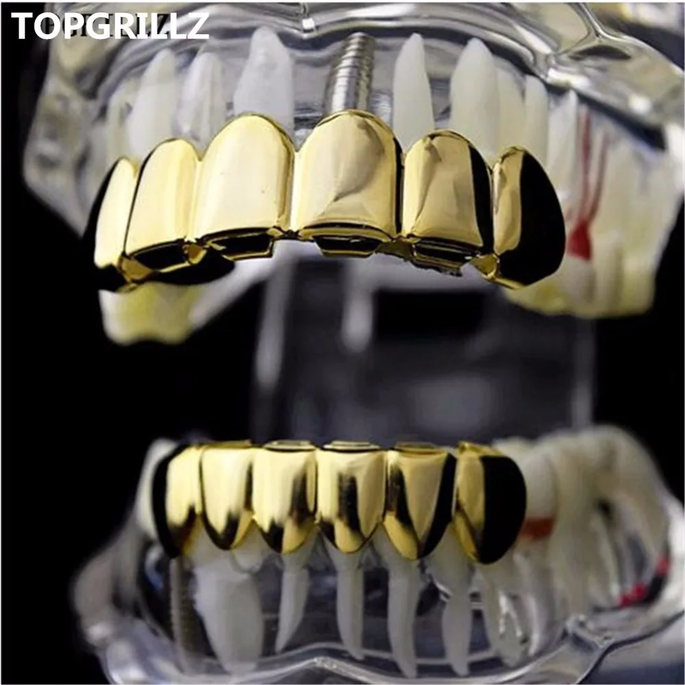 TOPGRILLZ Pure Gold Color Plated HIP HOP Teeth Grillz Top & Bottom Grill Set With silicone Teeth ship from US