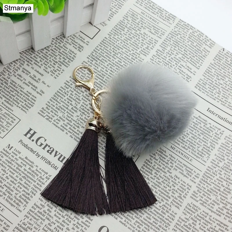 Women Bag Silk Tassels Key Chain Pom Pom Fur Metal keychain - New with 2 Tassels 8cm Pompom For Bag charm Car Key Ring #16011-1