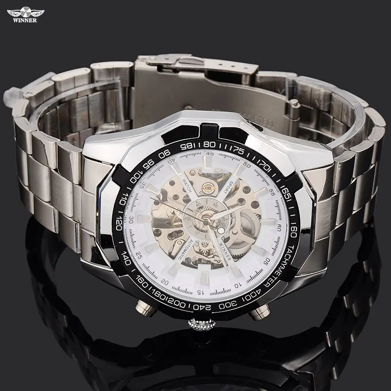 2023 Winner brand Luxury Sport men\'s Automatic Skeleton Mechanical Military fashion casual Watch Men Silver full Steel Band