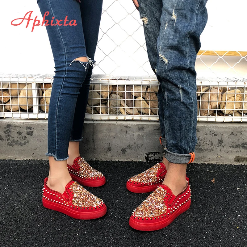 Aphixta Flat With Shoes Women Men Flats Sequined Cloth Revits Couple Platform Woman Shoes Bling Crysta Black Flat Heels Shoe