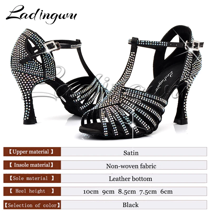 Ladingwu NEW Ballroom Dance Shoes Glitter Small Austrian Drill Latin Dance Shoes for Women Black Satin Salsa Dancing Shoes