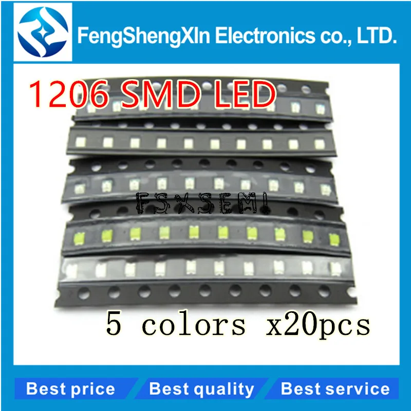 5 valores cores x 20 pces = 100 pces novo 1206 smd led vermelho/verde/azul/amarelo/branco led kit