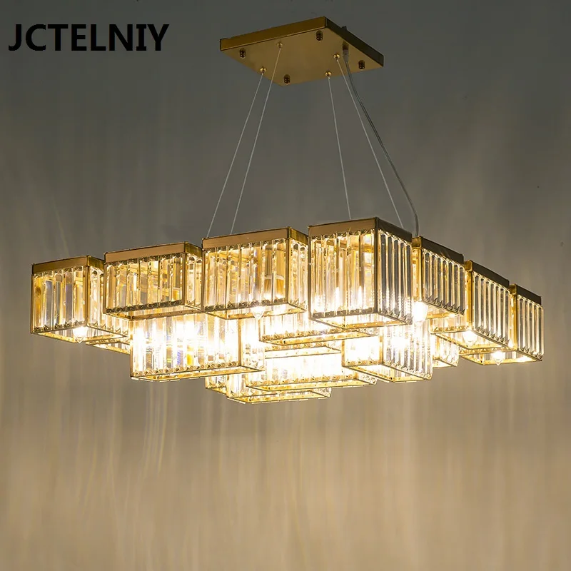 

New crystal chandelier living room light luxury designer crystal lamp restaurant square profile multi-level LED lights