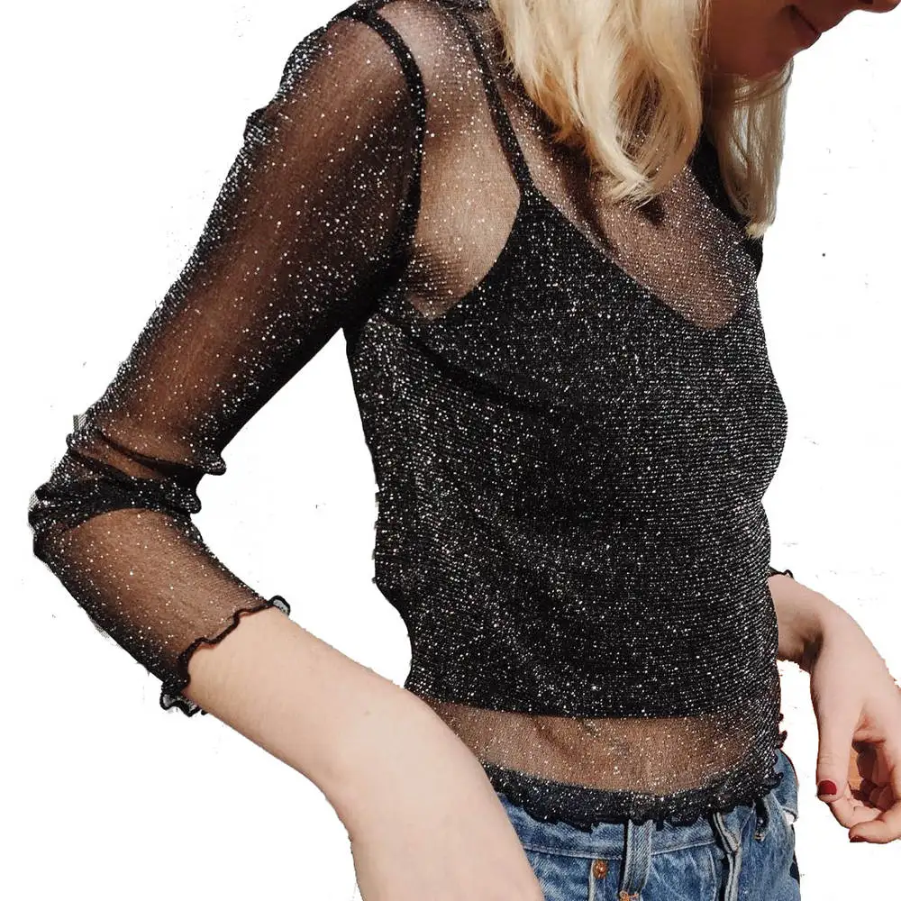 Sexy Mesh Shiny Long Sleeve T Shirt Women Summer Transparent Club Party Black Tee Shirts Sexy Thin O Neck Short Tops