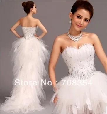 Hot~~Feather Hi-Lo Wedding Dress~~ Front Short and Back Trailing Style Bride Feather Wedding Gown 633