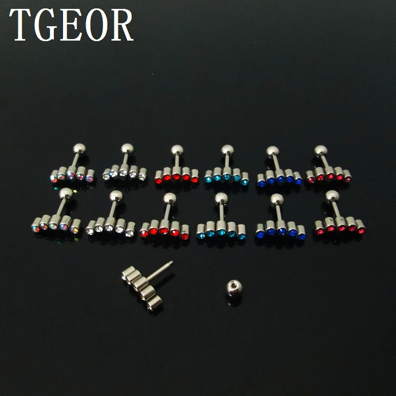 free shipping Hot 60pcs 1.2*6*4/(4*12)mm surgical Stainless Steel gem 5 crystals mixed 6 colors ear tragus piercing earring