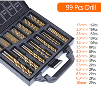 99PCS HSS Twist Drill Bit Set 1.5-10mm Titanium Coated Surface 118 Degree For Drilling wood Thin Metal DIY Home Use With Box